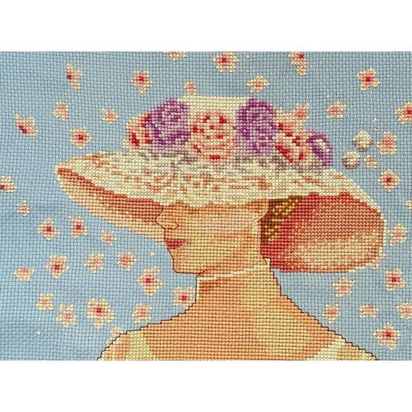 Completed Counted Cross Stitch Victorian Lady Hat Fan Aida Beautifully Stitched - Picture 3 of 14